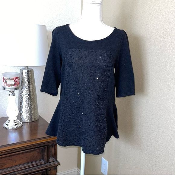 Anthropologie Deletta Black Boucle Shimmer Sequin Peplum Sweater L - Picture 3 of 4